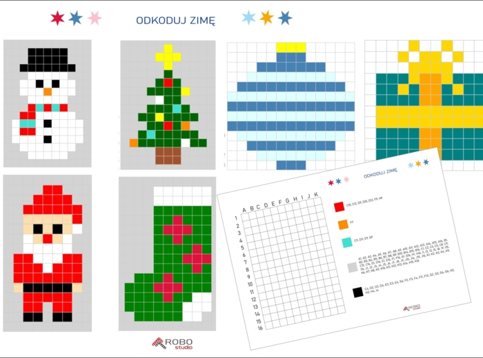Kodowanki zimowe ZESTAW 6 szt, świąteczne, Mikołajki , Boże Narodzenie, zima, odkoduj zimę, kodowanie łatwe, adwent