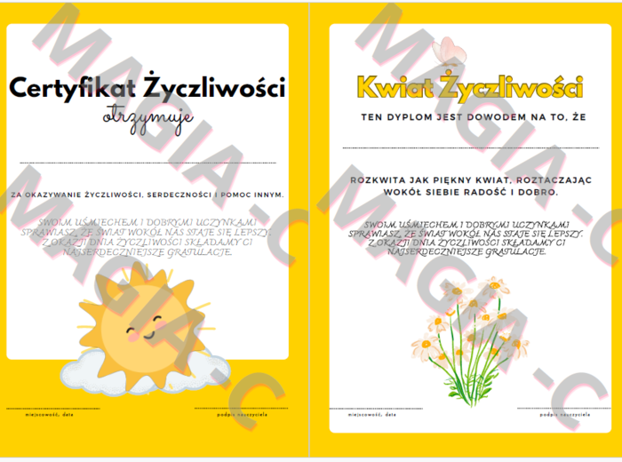 CERTYFIKAT Z DNIA ZYCZLIWOŚCI DWIE WERSJE