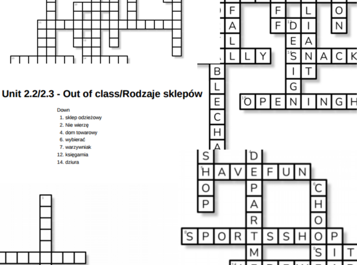 English Class A2 – Unit 2 – krzyżówki – Zakupy/Out of class_Rodzaje sklepów/Kolejność argumentów