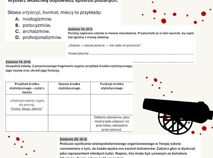 Reduta Ordona - zestaw zadań egzaminacyjnych, powtórkowych, do omówienia lektury