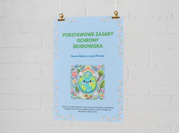 PLAKAT. Podstawowe zasady ochrony środowiska. Główne sposoby dbania o przyrodę (segregacja śmieci, oszczędzanie wody i energii).