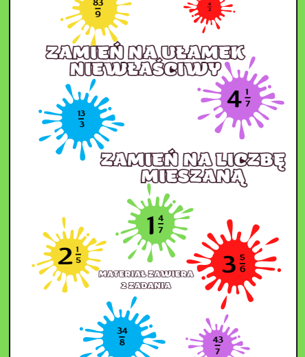 Zamień na ułamek niewłaściwy. Zamień na liczbę mieszaną. Gotowe zadania na lekcję klasa 4 / klasa 5