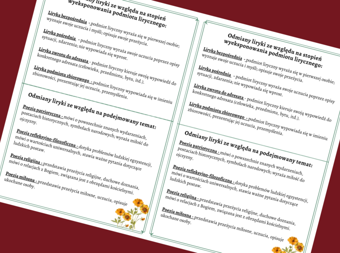 LIRYKA - odmiany liryki - wklejka - kl.4-8 - egzamin - powtórzenie
