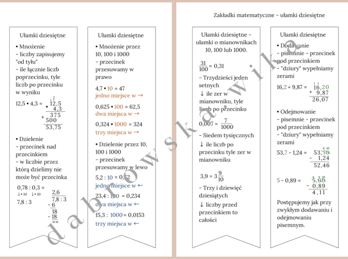 Zakładki matematyczne - ułamki dziesiętne