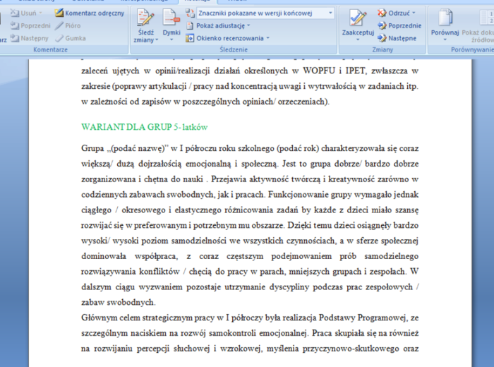 Sprawozdanie nauczyciela przedszkola z pracy dydaktyczno-wychowawczo-opiekuńczej za I półrocze