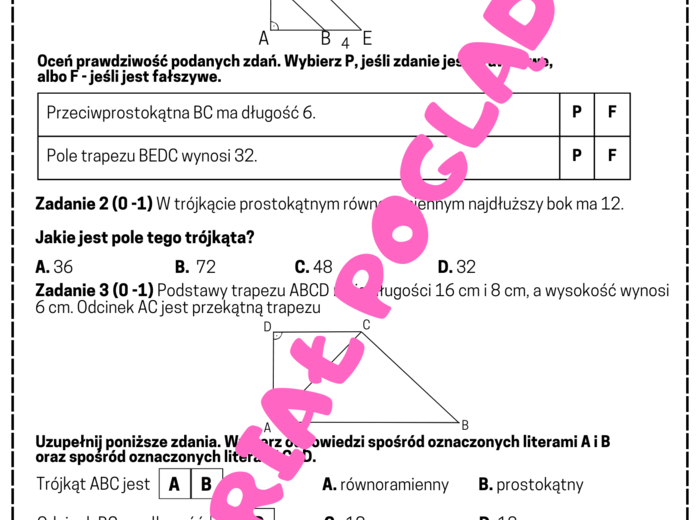 PAKIET Geometria - egzamin ósmoklasisty. Kąty, pola, twierdzenie Pitagorasa, trójkąty 30,60,60 i 45,45,90. Klasa 8. Klasa 7