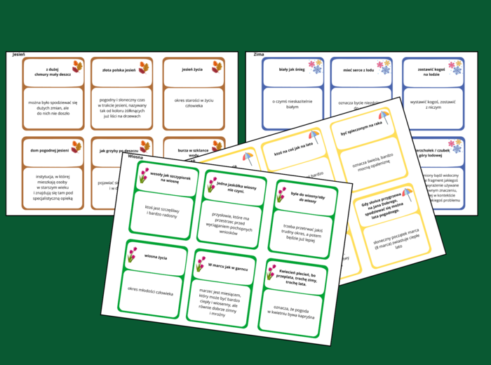 PORY ROKU - jesień - zima - wiosna - lato - frazeologizmy – ZWIĄZKI FRAZEOLOGICZNE – fiszki – 24 szt. kl. 4-8 – egzamin – powtórzenie- ćwiczenia