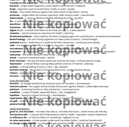 Karta pracy - czytanka "The Secret Life of Microbes" B2 + ćw. Present Perfect v. Past Simple