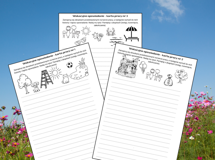 Wakacyjne OPOWIADANIE – karta pracy – ćwiczenia redakcyjne – wakacje – lato- wersja czarno-biała