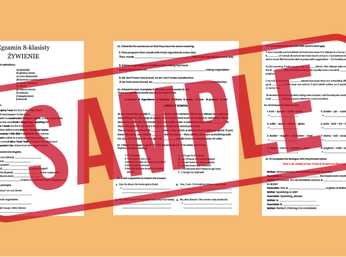 Egzamin 8-klasisty – Unit Żywienie (język angielski) | Zestaw zadań egzaminacyjnych: reakcje językowe, dialogi, czytanie ze zrozumieniem, tekst z lukami, tłumaczenia, e-mail + klucz odpowiedzi + BONUS! (e-mail writing checklist)