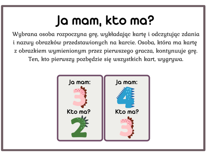 ?Dzień Dinozaura? Gra: Ja mam, kto ma? dino cyfry - 20 kart - 4 zł dino litery - 48 kart - 5 zł Napis - girlanda - 3 zł ?XXL Mega Pakiet ? ponad 100 kart Cena: 15 zł PROMOCJA: Kup Wszystkie rzeczy w cenie 23 zł !!