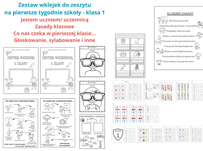 Zestaw wklejek do zeszytu na pierwsze tygodnie szkoły - klasa 1
