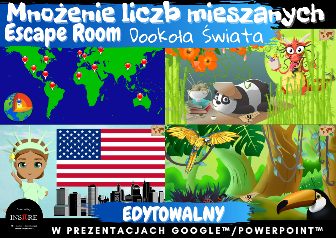 Escape Room Dookoła Świata - Mnożenie liczb mieszanych EDYTOWALNY w Prezentacjach Google lub PowerPoint