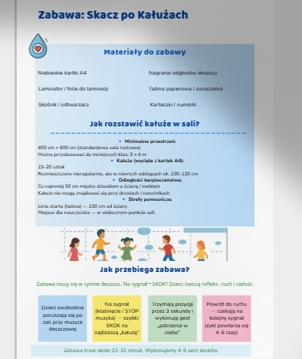 Zabawy ruchowe w sali: „Skacz po kałużach” (z niebieskich kartek), tor przeszkód z parasolem