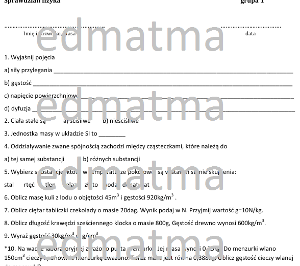 Fizyka - sprawdzian, klasa 7