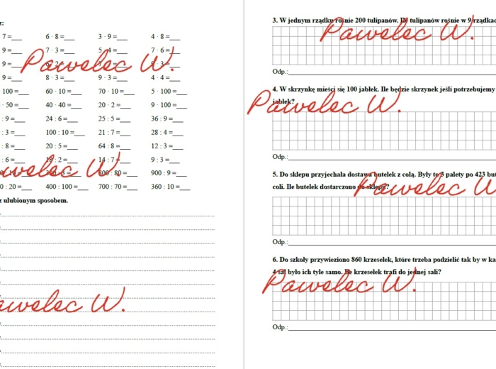 Mnożenie i dzielenie liczb trzycyfrowych przez jednocyfrowe - przykłady + zadania tekstowe, kl. 3, karty pracy