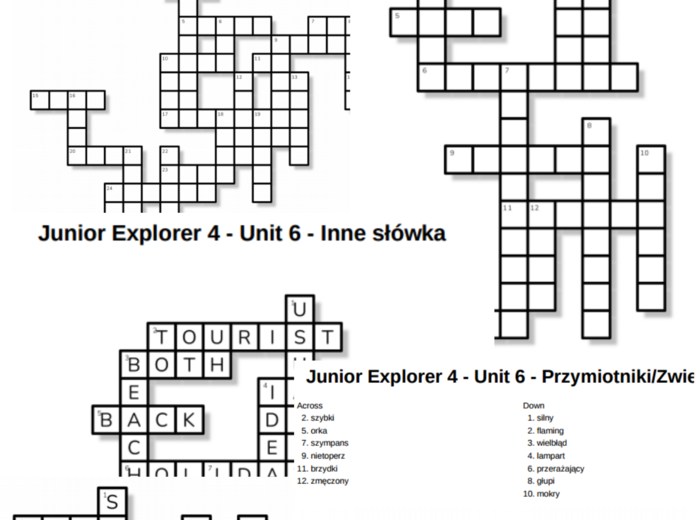 Junior Explorer 4 – Unit 6 – krzyżówki – Czasowniki/Przymiotniki_Zwierzęta/Inne słówka