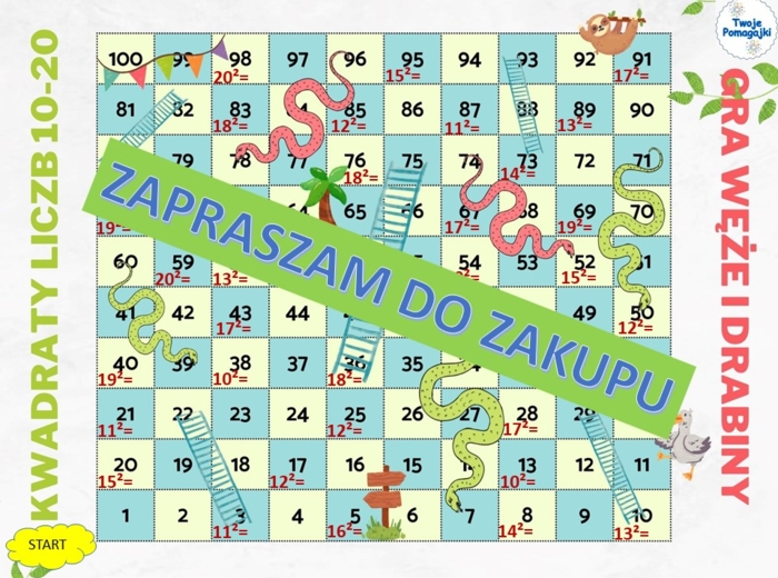 Kwadraty liczb 0-20 2 gry węże i drabiny oraz plakat