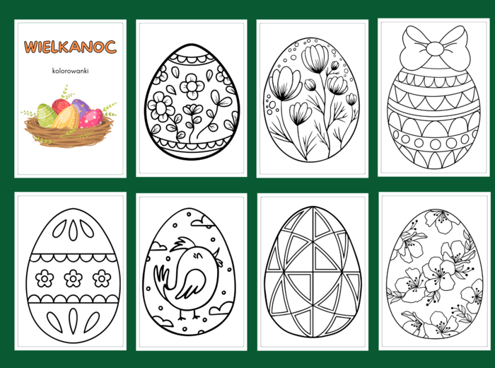 WIELKANOC – Galeria – PISANKI - kolorowanka – kolorowanki – WIOSNA – biblioteka – świetlica – przedszkole – 40 wersji