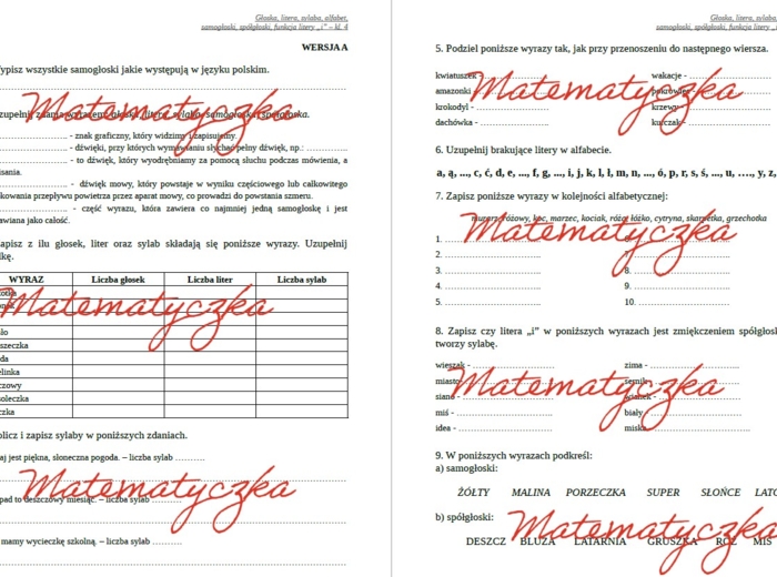 Alfabet, głoska, litera, samogłoska, spółgłoska, funkcja litery "i" - karty pracy, sprawdzian, kl. 4, grupa A i B
