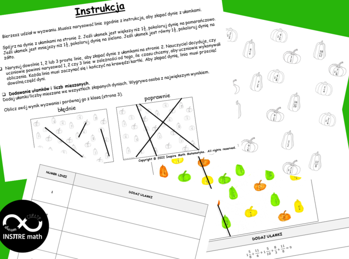 Ułamki zwykłe - Dyniowe Wyzwanie. Porównywanie i dodawanie ułamków zwykłych. Ułamki niewłaściwe i liczby mieszane.