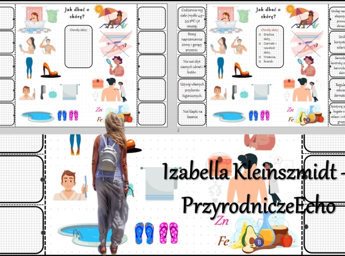 Notatka okienkowa/stacja zadaniowe/notatka/notatka graficzna/karta pracy/sketchnotka „Jak dbać o skórę?”, „Higiena i choroby skóry” w pdf. Biologia 7 dział „Organizm człowieka. Skóra - powłoka organizmu”. Materiał wykonany na podstawie podręcznika z wyda