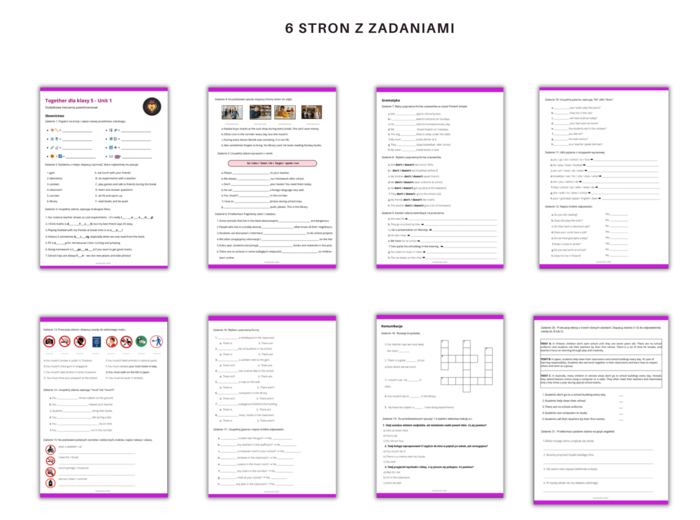 Together Klasa 5 Unit 1 Dodatkowe materiały powtórzeniowe, słownictwo, nazwy przedmiotów szkolnych i pomieszczeń, gramatyka Present Simple, konstrukcja there is there are, czasownik must, komunikacja