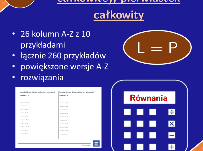 Równania liniowe (liczby całkowite), pierwiastek całkowity | matematyka, algebra | 26 kolumn