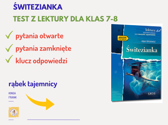 TEST z lektury Świtezianka - pytania zamknięte, pytania otwarte, klucz odpowiedzi 🖊️