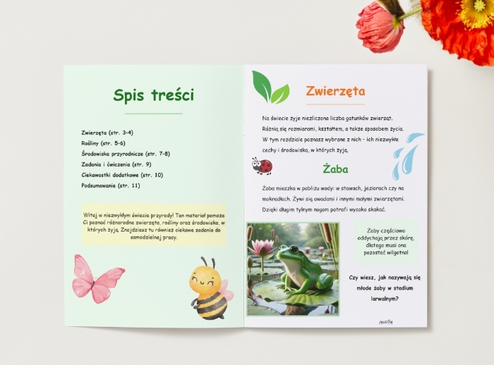 Zwierzęta, rośliny, środowiska przyrodnicze. Ilustracje, krótkie opisy i ciekawostki.
