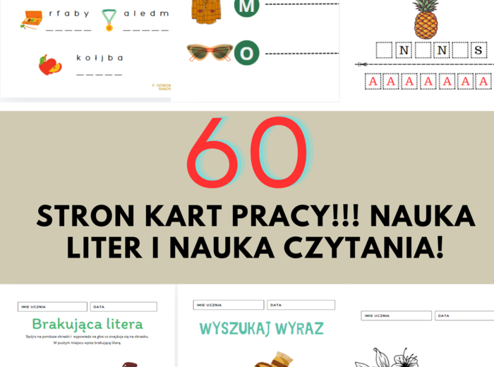 60 kart pracy nauka pisania liter, nauka czytania.