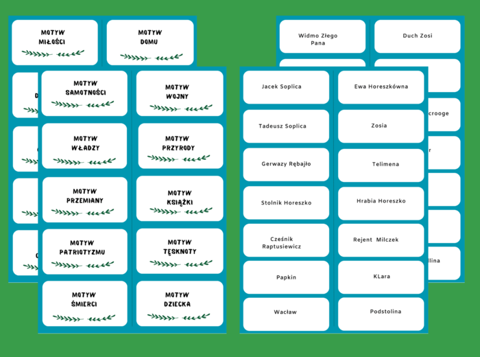 MOTYWY LITERACKIE - bohaterowie - fiszki - klasy 7-8 - egzamin - powtórzenie