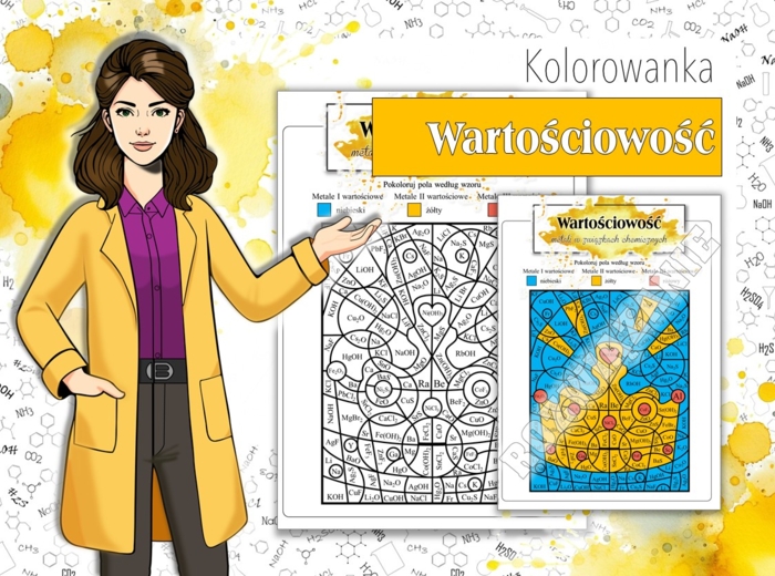 Klasa 7. Klasa 8. Chemia. Wartościowość metali w związkach chemicznych i zgodnie z położeniem w układzie okresowym. Chemiczna kolorowanka. Karta pracy. Zadanie.