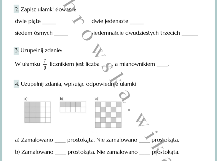 Ułamek jako część całości, porównywanie ułamków - karta pracy