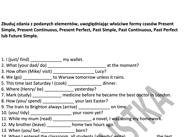 7 czasów- obszerne ćwiczenie z kluczem dla ósmoklasistów