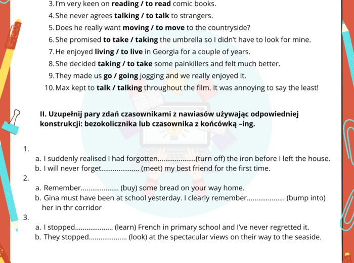 Konstrukcje czasownikowe gerund/infinitive