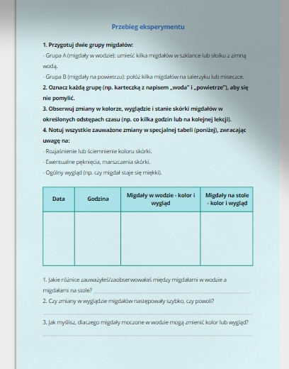 Karta pracy „Eksperyment z migdałami”