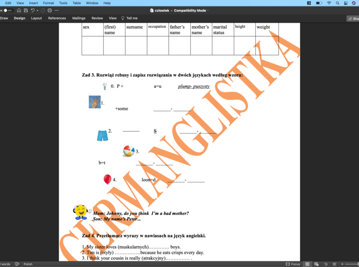 Człowiek- ćwiczenia leksykalne- powtórka przed egzaminem ósmoklasisty