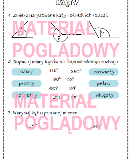 Kąty - karta pracy, kartkówka klasy 4, 5, 6