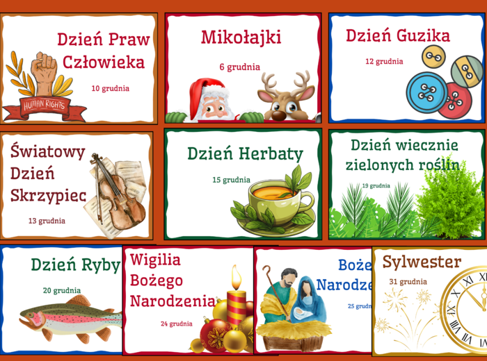ŚWIĘTA TYPOWE I NIETYPOWE – GRUDZIEŃ – napisy – gazetka – dekoracja – BIBLIOTEKA – świetlica – przedszkole 19 stron
