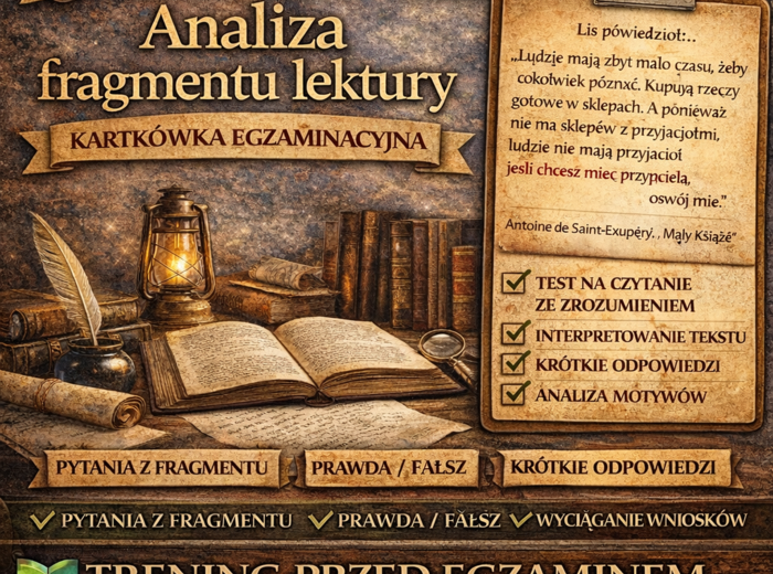 📚 Analiza fragmentu lektury – kartkówka egzaminacyjna | powtórka przed egzaminem ósmoklasisty (15 zadań)