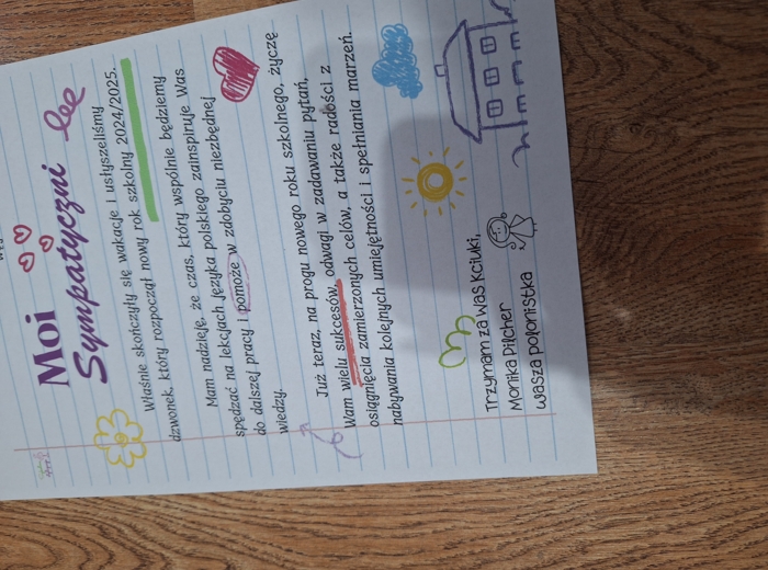 List polonistki do uczniów - początek roku szkolnego, gazetka, wklejka 2024