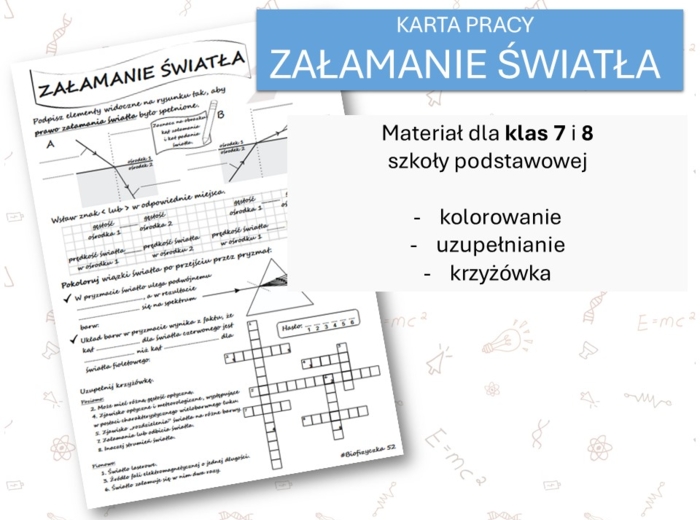 Fizyka 7 i 8. Karta pracy. ZAŁAMANIE ŚWIATŁA. Optyka.