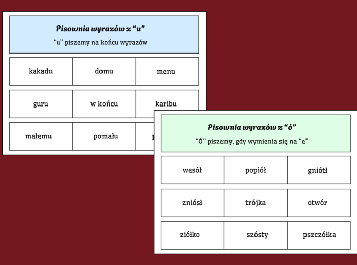 ORTOGRAFIA – wyrazy z „Ó” I "U"– zasady ortograficzne – FISZKI – 20 str. - ZESTAW
