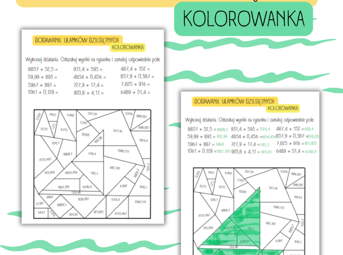 DODAWANIE UŁAMKÓW DZIESIĘTNYCH - kolorowanka