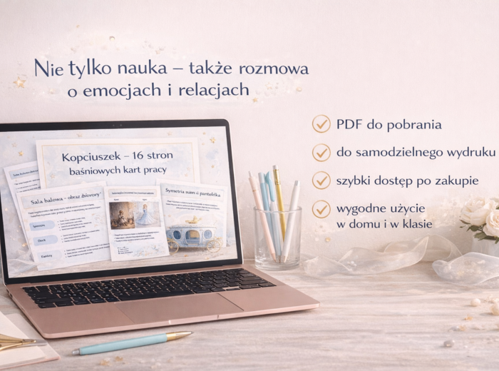 Kopciuszek – kreatywne karty pracy PDF do druku | język polski, matematyka i plastyka | klasy 1–3