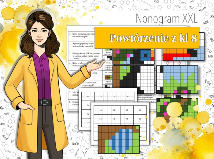 Klasa 8. Chemia. Powtórzenie wiadomości z klasy ósmej. Kolorowanka chemiczna. Nonogram w formacie XXL. Karta pracy. Zadanie. Praca grupowa. Powtórzenie wiadomości. MOC powtórki.
