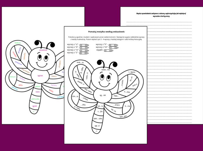 Ortograficzny motylek - ORTOGRAFIA - wiosna - karta pracy - ćwiczenia redakcyjne - KOLOROWANKA + odpowiedzi