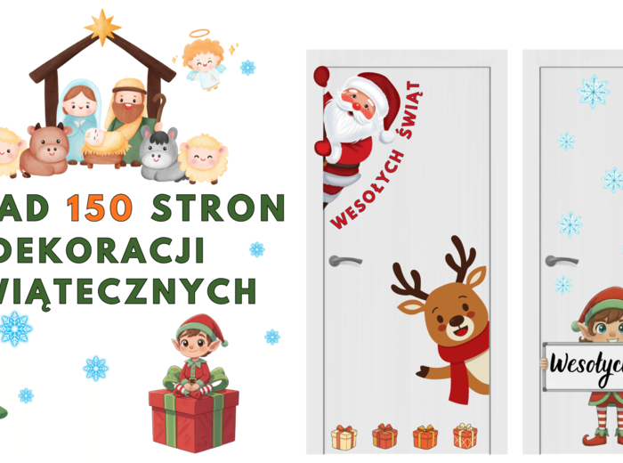 Zestaw świątecznych ozdób – ponad 150 stron dekoracji do druku! 🎄 Na drzwi, okna, gazetkę szkolną, korytarz i każde miejsce, które potrzebuje świątecznego klimatu!