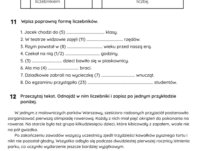 Liczebnik - test dla klasy 6